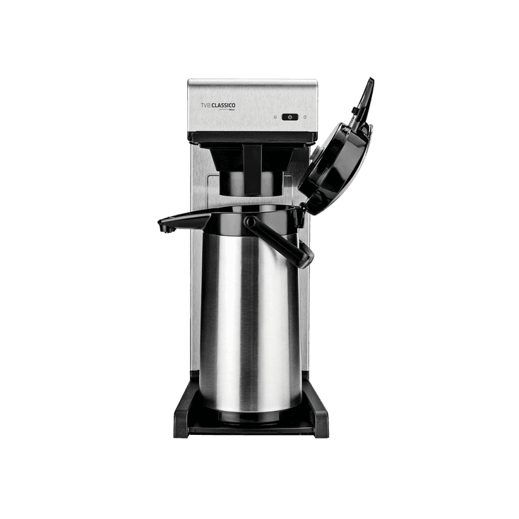 Edelstahl Pumpkanne mit schwarzem Deckel und Pumpmechanismus vor einem neutralen Hintergrund